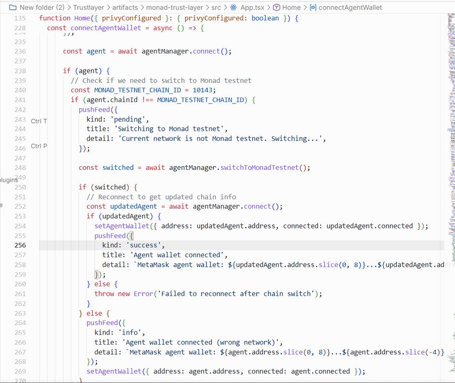 A screenshot of TypeScript code for a "connectAgentWallet" function in a React application, handling MetaMask connection and switching to the Monad testnet.