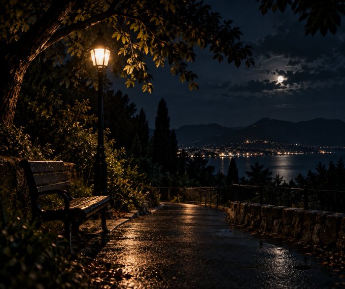A nighttime scene shows a stone path illuminated by a warm street lamp, leading past a wooden bench toward a moonlit bay with city lights twinkling in the distance.