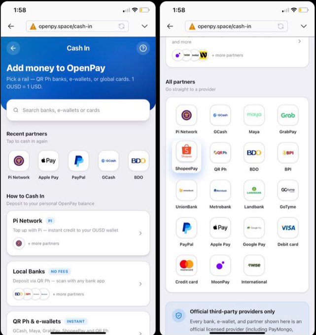 The image shows two mobile screenshots of the OpenPay website's "Cash In" page (openpy.space/cash-in), displaying various payment options to add money to an OpenPay balance. The left screen highlights "Pi Network" as a top-up option along with "Local Banks" (BDO, BPI, UnionBank, Metrobank, Landbank) and "QR Ph & e-wallets," while the right screen lists all available partners including Pi Network, GCash, Maya, GrabPay, ShopeePay, QR Ph, BDO, BPI, UnionBank, Metrobank, Landbank, GoTyme, PayPal, Apple Pay, Google Pay, Debit card, Credit card, MoonPay, and International options. This directly illustrates the post's announcement of OpenPay expanding its Cash In infrastructure with multiple payment rails beyond just Pi Network.