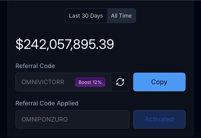 A screenshot showing $242,057,895.39 with a referral code 'OMNIVICTORR' offering a 'Boost 12%' and 'OMNIPONZURO' marked as 'Activated'.