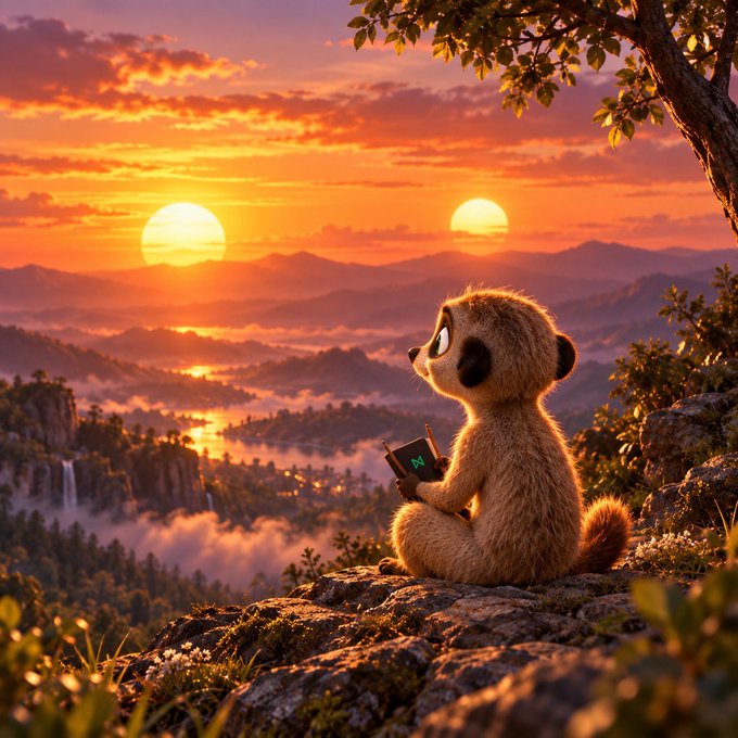 A small, fluffy, brown creature with large dark eyes sits on a rocky ledge, holding a small device with a green screen, gazing out at a misty, mountainous landscape with two suns setting in an orange sky.