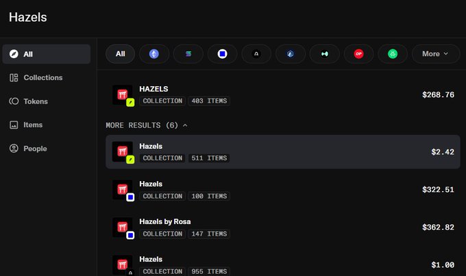 A dark-themed NFT marketplace interface showing search results for 'Hazels' collections on what appears to be OpenSea, with prices ranging from $1.00 to $362.82.