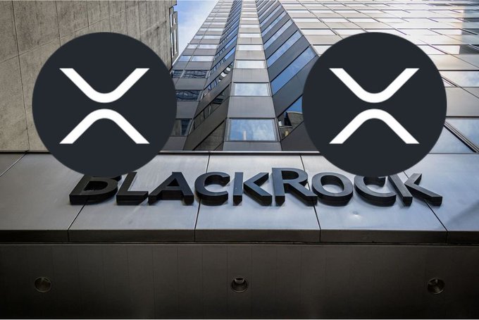The entrance to a BlackRock office building is shown, overlaid with two large XRP logos, symbolizing speculation about a potential BlackRock spot XRP ETF and its projected impact on XRP's price.