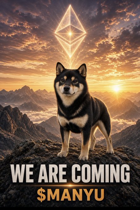 A dramatic promotional graphic featuring a black and tan Shiba Inu dog standing on a mountain peak at sunset with an Ethereum logo glowing in the sky above, with text reading 'WE ARE COMING $MANYU.'