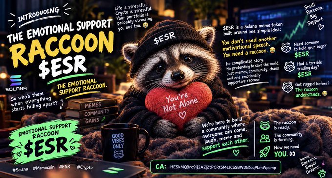 A promotional graphic for '$ESR', a Solana meme token called 'The Emotional Support Raccoon', featuring a cute raccoon in a beanie holding a 'You're Not Alone' heart.