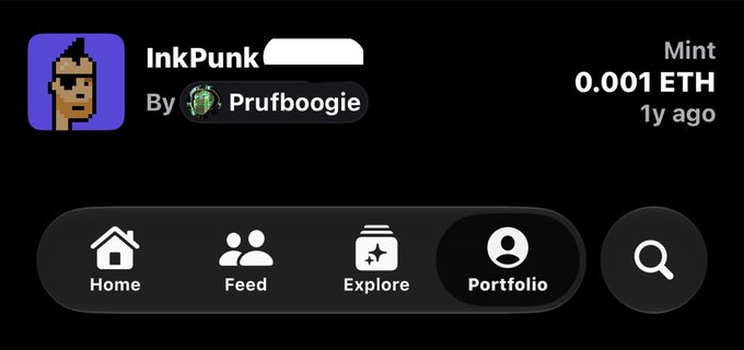 A mobile app interface displaying an NFT called "InkPunk" by "Prufboogie" priced at "0.001 ETH" with bottom navigation tabs including Home, Feed, Explore, and Portfolio.