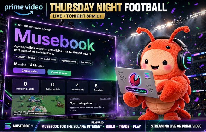 A Prime Video 'Thursday Night Football' promotional graphic for 'Musebook,' a platform built for the Solana internet, featuring a red plush mascot wearing headphones and holding a branded sign.