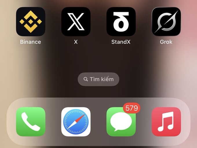 A smartphone home screen showing app icons for Binance, X, StandX, and Grok, with a Vietnamese search bar ("Tìm kiếm") and a bottom dock containing Phone, Safari, Messages (with 579 notifications), and Music apps.