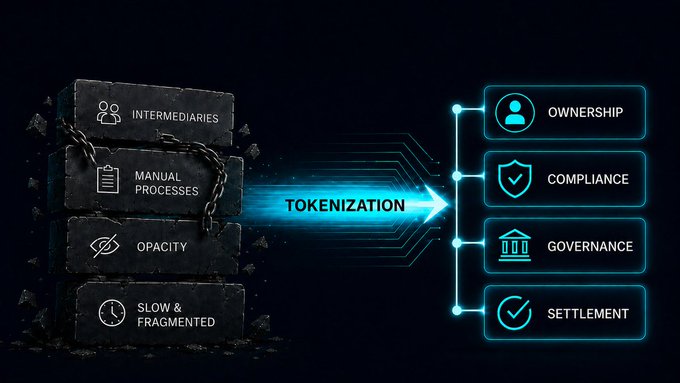 An infographic showing 'TOKENIZATION' as a glowing arrow converting problems like 'INTERMEDIARIES', 'MANUAL PROCESSES', 'OPACITY', and 'SLOW & FRAGMENTED' (depicted as chained blocks) into benefits like 'OWNERSHIP', 'COMPLIANCE', 'GOVERNANCE', and 'SETTLEMENT'.