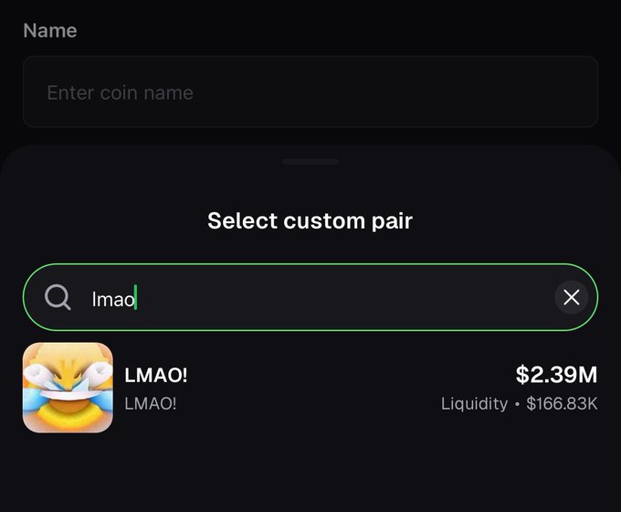 A screenshot displays a cryptocurrency trading interface with the search query 'lmao' and a selected coin called 'LMAO!' showing a value of $2.39M and liquidity of $166.83K.