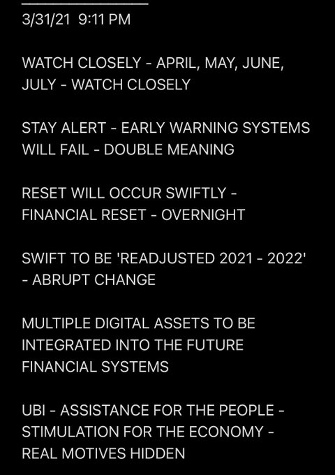 A screenshot dated 3/31/21 9:11 PM displays ominous predictions about the months of April through July, warning of a "swift financial reset," failing early warning systems, and a covert push toward Universal Basic Income (UBI) with "real motives hidden." The post's caption extends the warning, declaring "The fun begins August."