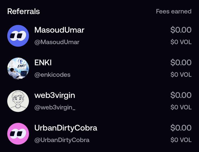 A dark-themed "Referrals" dashboard displays four users—@MasoudUmar, @enkicodes (ENKI), @web3virgin_, and @UrbanDirtyCobra—each showing $0.00 in fees earned and $0 in volume, illustrating the sender's initial four invited referrals who have yet to begin trading on the @fomo platform.