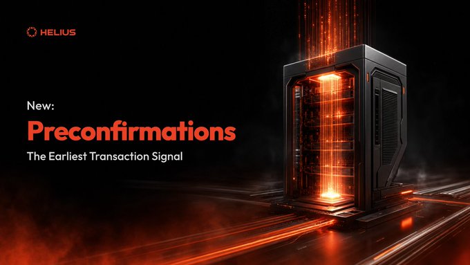 A sleek, glowing server tower with orange light beams streaming from its core sits against a dark background, accompanied by the HELIUS logo and the text "New: Preconfirmations – The Earliest Transaction Signal," visually representing the rapid, validator-level transaction signals described in the announcement.