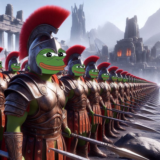 A surreal digital artwork depicts an army of Pepe the Frog characters dressed as Spartan warriors with red plumes, standing in formation with spears drawn.