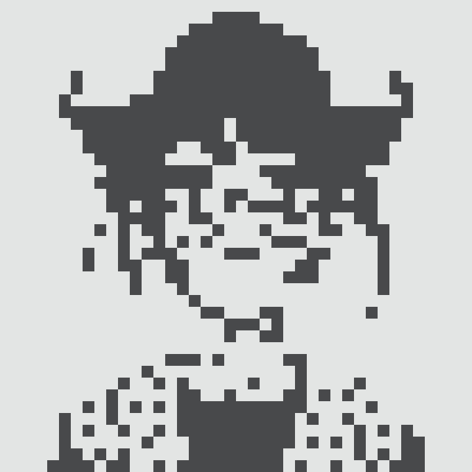 Pixel art portrait of a smiling figure wearing a wide-brimmed hat, rendered in dark gray on a light beige background.