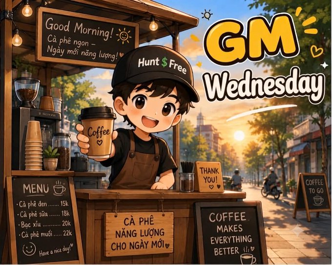 Charming cartoon illustration of a smiling barista at a coffee cart wearing a "Hunt $ Free" cap, with text "GM Wednesday" and Vietnamese menu items like "Cà phê đen" and "Bạc xỉu."