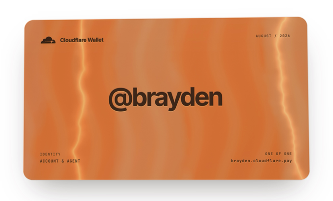 The image shows a stylized orange Cloudflare Wallet card displaying the reserved username tag "@brayden" with an August 2026 expiration date, a "One of One" designation, and the URL "brayden.cloudflare.pay." It serves as a visual proof of reserving a personalized Cloudflare Wallet handle, tying into the post's call to action to claim unique identity tags at cloudflare.pay before they're taken.
