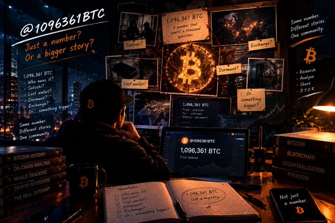 A digital illustration of a detective-like figure surrounded by investigation boards focused on the Bitcoin address @1096361BTC with a balance of 1,096,361 BTC, featuring notes about Satoshi, Satoshi?, lost wallets, and dormancy.