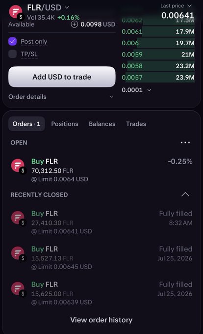 A cryptocurrency trading app interface showing FLR/USD at a last price of 0.00641, with multiple buy orders for FLR at various limit prices.