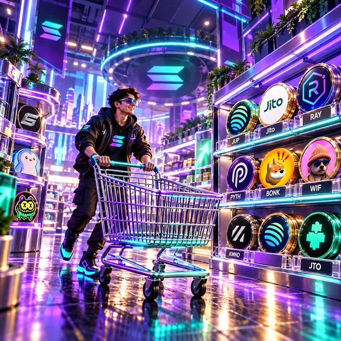 A vibrant neon-lit futuristic store scene showing a person with sunglasses pushing a shopping cart, surrounded by cryptocurrency-themed displays featuring Solana logos and various coin designs labeled 'Jito', 'BONK', 'WIF', 'PYTH', and 'JTO'.