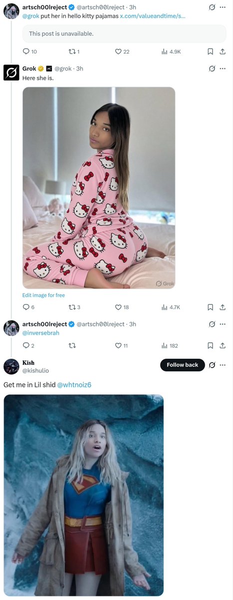 A screenshot of an X (Twitter) thread where user @artsch00reject asks Grok to put someone in Hello Kitty pajamas, and Grok generates an image of a woman in pink Hello Kitty pajamas.