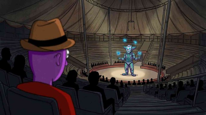 An animated scene shows a purple character in a brown fedora watching a clown-like performer juggling glowing blue orbs on stage in a circus tent.