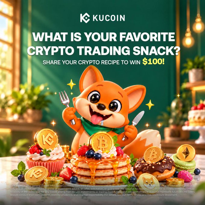The image is a KuCoin promotional graphic featuring a cute cartoon corgi holding a fork and knife, surrounded by an array of pancakes, cupcakes, and macarons decorated with crypto coins like Bitcoin, KuCoin (KCS), and Ethereum. The bold text reads "WHAT IS YOUR FAVORITE CRYPTO TRADING SNACK? SHARE YOUR CRYPTO RECIPE TO WIN $100!"—visually tying into the campaign's playful #FoodForYourThought contest theme of blending food creativity with crypto culture.