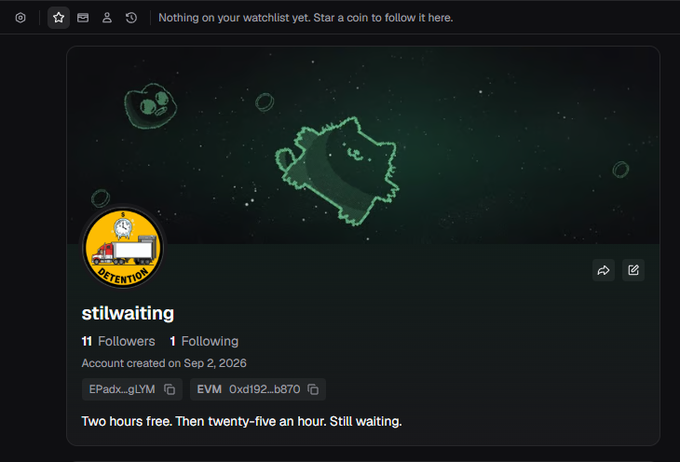 A profile page for user 'stilwaiting' (11 Followers, 1 Following) with an avatar showing a detention-themed truck and the tagline 'Two hours free. Then twenty-five an hour. Still waiting.'