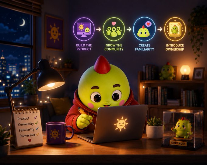 A whimsical 3D-rendered scene of a green dinosaur-like creature in a red hoodie working on a laptop at night, with floating icons showing steps 'Build the Product, Grow the Community, Create Familiarity, Introduce Ownership' and a checklist on the desk.