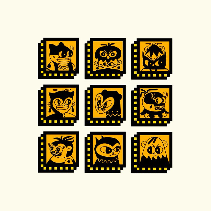 A collection of nine film strip-styled frames features stylized cartoon character portraits in black and yellow Halloween-themed designs.