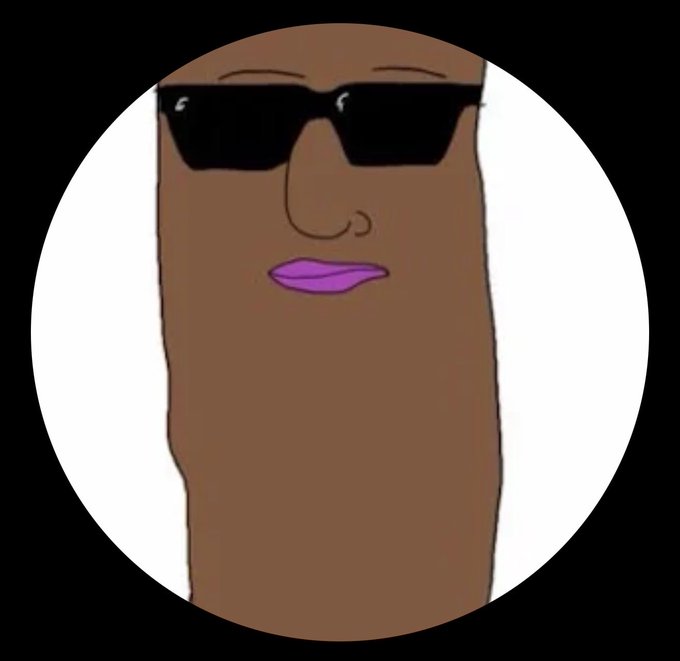 A simple cartoon illustration of a brown-skinned face wearing black sunglasses and bright pink lips, framed within a white circle on a black background.