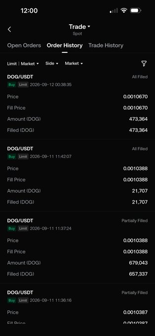 A smartphone screenshot of a cryptocurrency trading app showing the Order History tab with multiple DOG/USDT limit buy orders, some marked as 'All Filled' and others 'Partially Filled'.