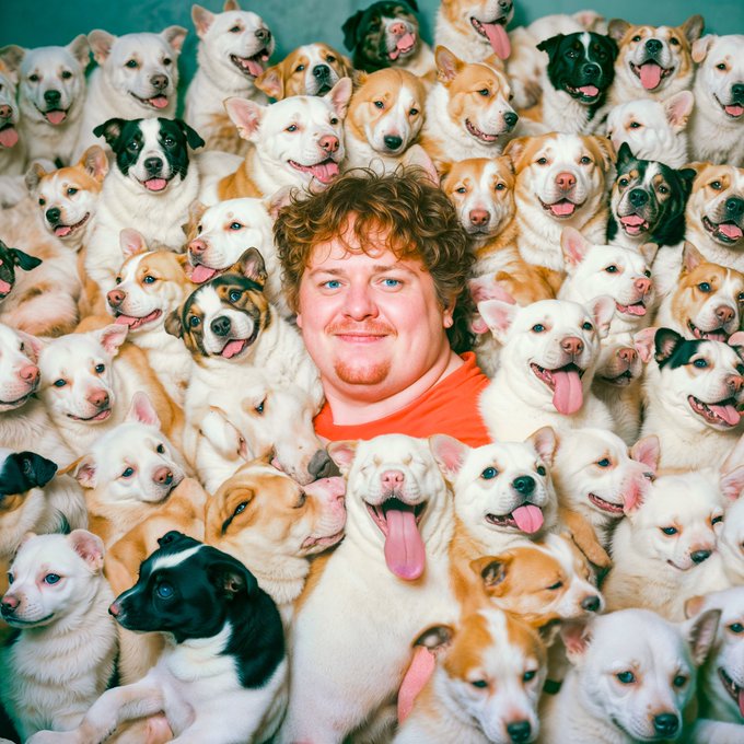 A man with curly red hair in an orange shirt smiling at the camera, surrounded by a large crowd of smiling dogs and puppies filling the entire frame.