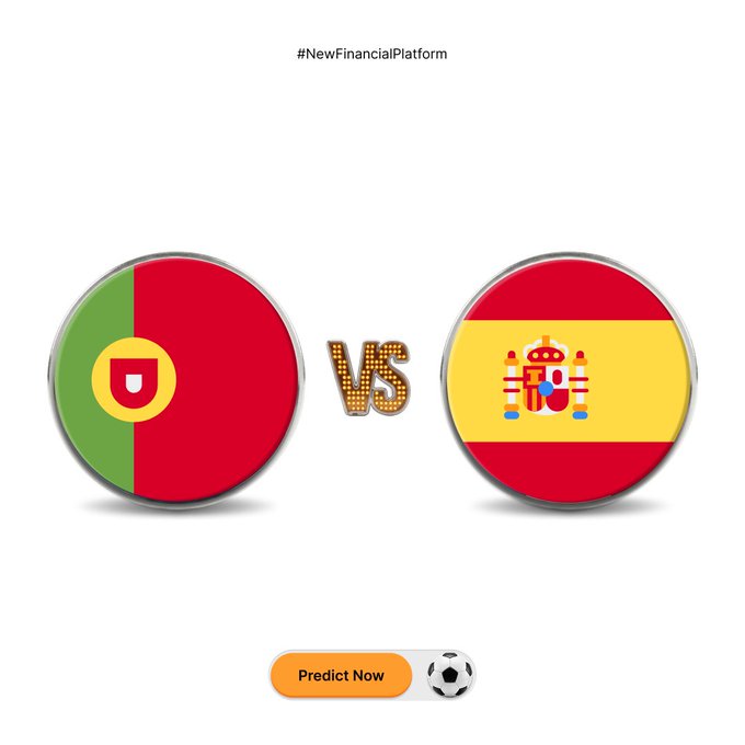 This image depicts the flags of Portugal and Spain facing off, with a "Predict Now" button below, aligning with the post's call to action for a prediction on the Portugal vs. Spain match.