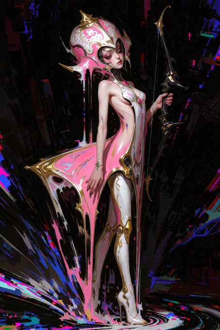 A digital artwork of a futuristic female warrior in a sleek pink and white bodysuit with gold accents, holding a weapon amid a glitchy, dark background.