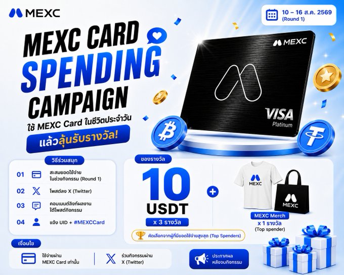 A MEXC Card Spending Campaign promotional graphic in Thai, running August 10-16, 2569 (Round 1), featuring a black Visa Platinum card with rewards including 10 USDT (3 winners) and MEXC Merch (1 winner), and instructions to spend via MEXC Card and post on X (Twitter) with #MEXCCard.