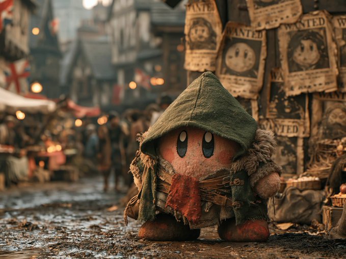 A tattered, hooded character with a mustache and stitched scar stands in a medieval village square with wanted posters and British flags in the background.