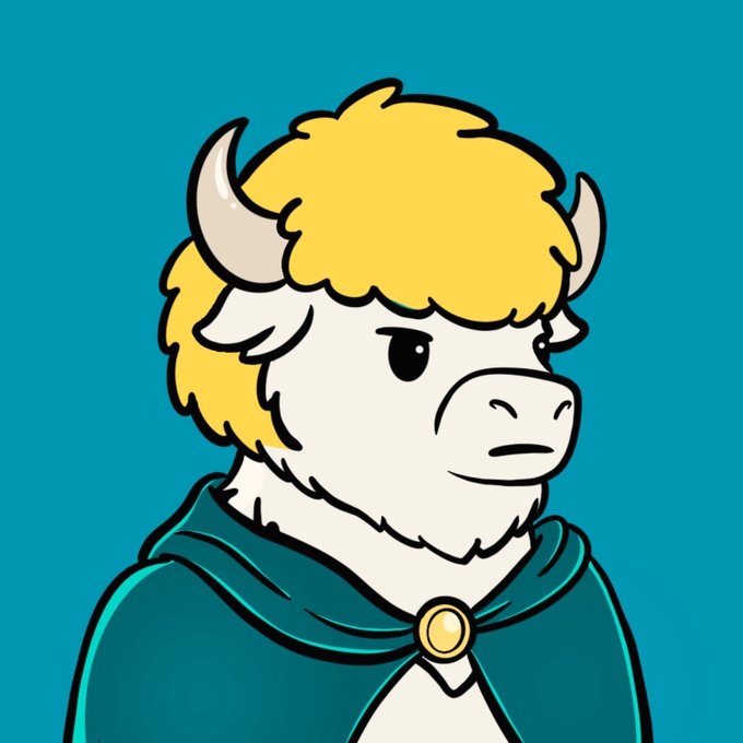 A cartoon illustration of a white bull with yellow hair wearing a teal hooded cape with a gold clasp, set against a teal background.