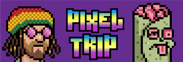 Pixel art displaying a stick of dynamite with a colorful wrapper, accompanied by dripping rainbow "HIGH THC" text on a purple background.