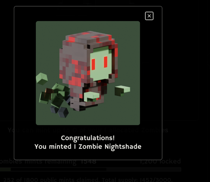 A pop-up screen confirms 'Congratulations! You minted 1 Zombie Nightshade,' showing a pixelated zombie character NFT on a green background.