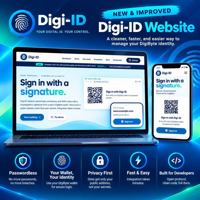 A promotional graphic for the new and improved Digi-ID website, featuring mockups of the homepage on both a laptop and smartphone with the headline "Sign in with a signature." It highlights key features like passwordless authentication, user wallet control, privacy, fast integration, and developer-friendly tools, tying directly to the Digibyte ($DGB) identity ecosystem referenced in the post.