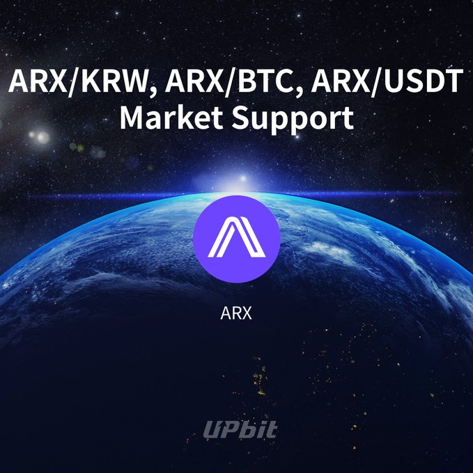 The image features a planet with a blue background, which serves as the backdrop for an advertisement promoting cryptocurrency. The text "ARX/Krw, ARX/BTC, ARX/Arx/USD1 Market Support" is displayed above the planet, indicating that this is related to the cryptocurrency market and possibly Arx currency. The post also mentions a website called "UPBIT", which could be an online marketplace or platform for buying and selling cryptocurrencies like Bitcoin.