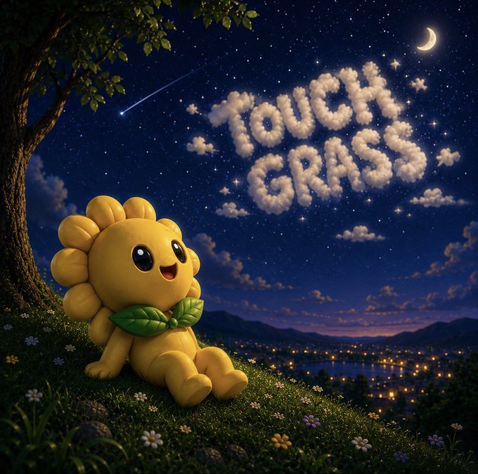 A 3D-style illustration of a yellow cartoon character with a leaf collar sitting in a grassy field at night under a starry sky, with the words 'TOUCH GRASS' spelled out in clouds.