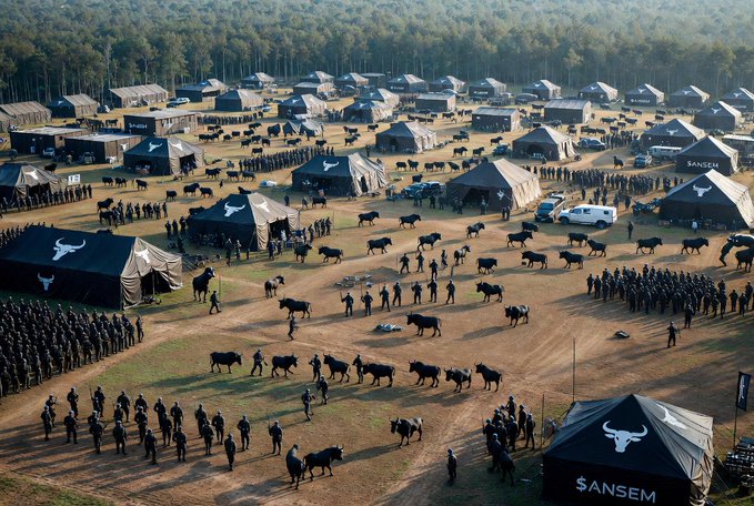 An aerial view of a large military or training encampment with numerous tents displaying bull logos and the text 'SANSEM', with groups of uniformed personnel and cattle scattered across the dirt field.
