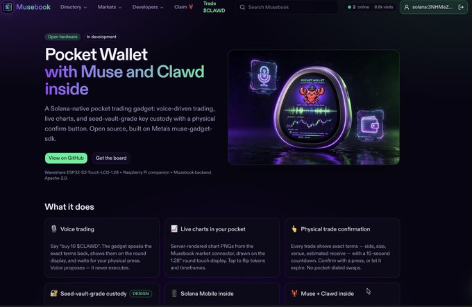 Screenshot of the Musebook website featuring 'Pocket Wallet with Muse and Clawd inside' - a Solana-native trading gadget built on ESP32 S3 Touch LCD with voice-driven trading and live charts.