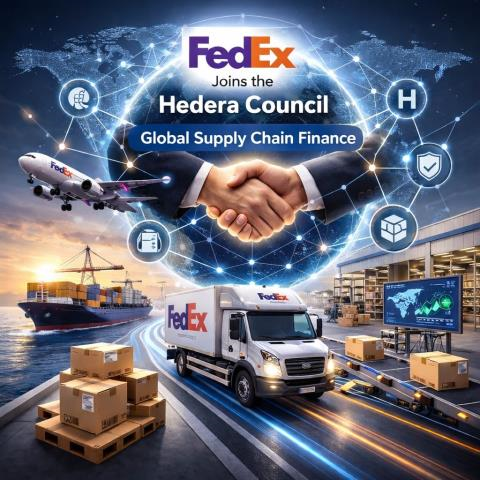 The image features a graphic announcing "FedEx Joins the Hedera Council - Global Supply Chain Finance," depicting a handshake between business partners surrounded by logistics imagery including a FedEx cargo plane, delivery truck, shipping containers, and packages, all set against a digital network backdrop. The graphic visually reinforces the post's speculation about a potential FedEx stablecoin, as FedEx's participation in Hedera's ($HBAR) council for supply chain finance could lay the groundwork for blockchain-based payment solutions in logistics.