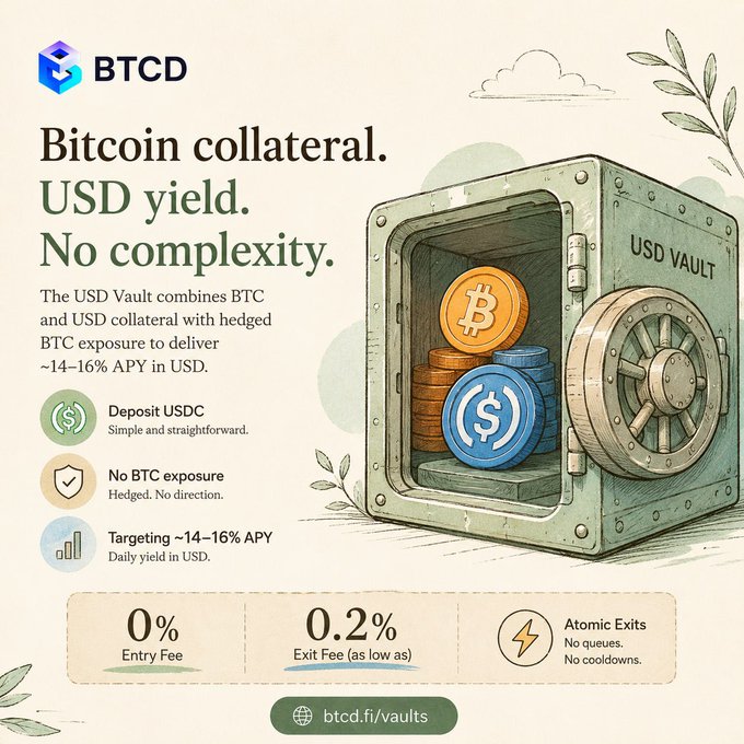 The image shows a green safe with three stacks of coins inside. The text above the safe reads "BITTcoin collateral, USDC yield, no complexity." This suggests that the safe contains Bitcoin coins, which are backed by USDC (United States Dollar Coin). The image also includes a post on the website @BTCDOfficial, which provides information about how to use the service and manage Bitcoin positions.