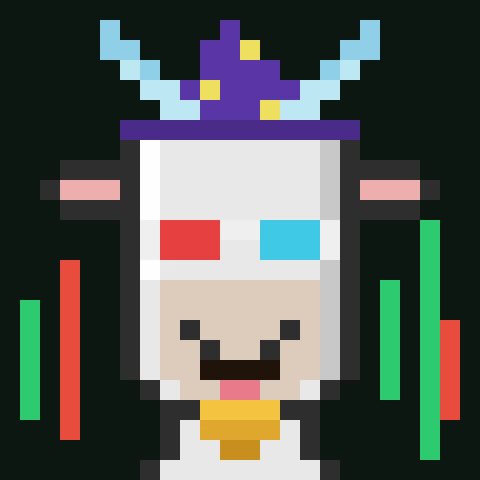 Pixel art character resembling a chef with a white hat decorated with blue horns and yellow stars, featuring one red eye and one blue eye, with a tongue sticking out, set against a black background with red and green rectangular accents.