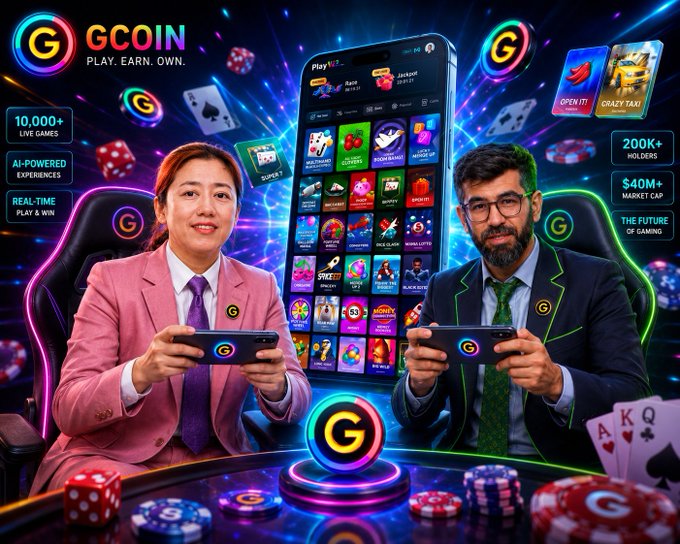 A promotional graphic for GCOIN ("Play. Earn. Own.") showcases two well-dressed players holding smartphones in front of a large phone displaying various games, with the brand's "G" logo prominently featured alongside stats like "10,000+ Live Games," "200K+ Holders," and "$40M+ Market Cap." The image aligns with the post's pitch about a high-earning opportunity ($678,551.50 earned in 479 days), using the gaming platform's "Play & Win" theme to market its affiliate partnership program.