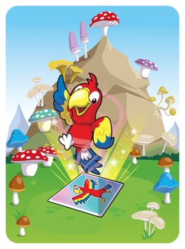 A colorful cartoon illustration of a red, yellow, and blue parrot standing on a playing card in a mushroom-filled landscape with a tent in the background.